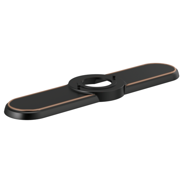 Black kitchen faucet escutcheon with bronze accent stripe and central mounting hole.