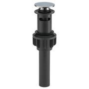 Chrome and black push pop-up drain stopper with round cap for bathroom sink.
