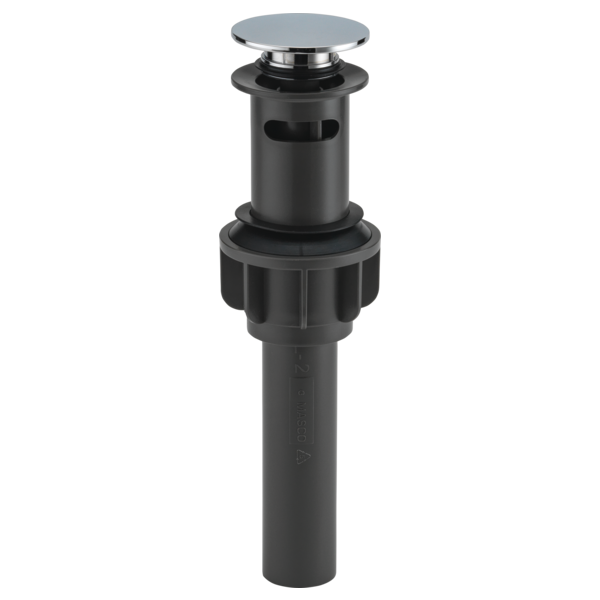 Chrome and black push pop-up drain stopper with round cap for bathroom sink.