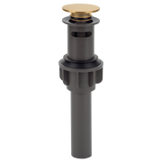 Delta Broadmoor push pop-up drain stopper with champagne bronze cap and dark gray body.