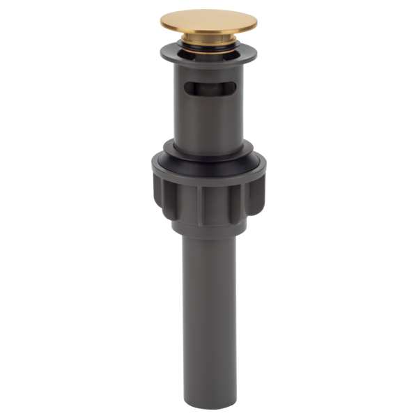 Delta Broadmoor push pop-up drain stopper with champagne bronze cap and dark gray body.