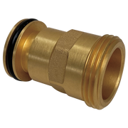 Brass tub spout adapter with threaded ends, rubber washer, and hexagonal fitting collar.