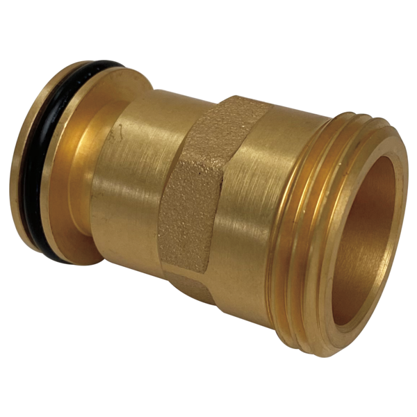 Brass tub spout adapter with threaded ends, rubber washer, and hexagonal fitting collar.