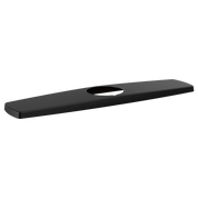 Matte black elongated escutcheon plate with center hole for faucet installation.