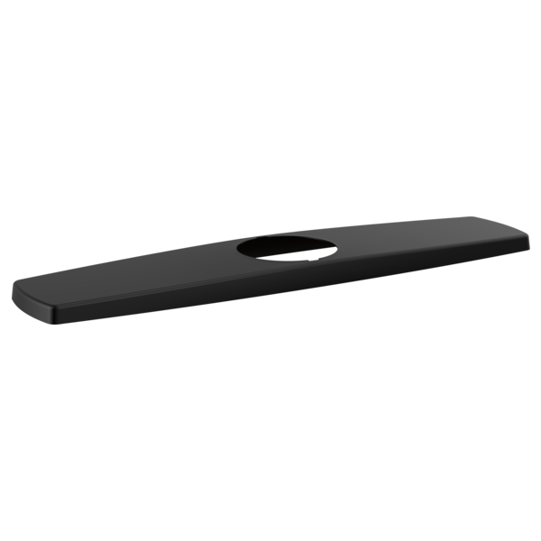 Matte black elongated escutcheon plate with center hole for faucet installation.