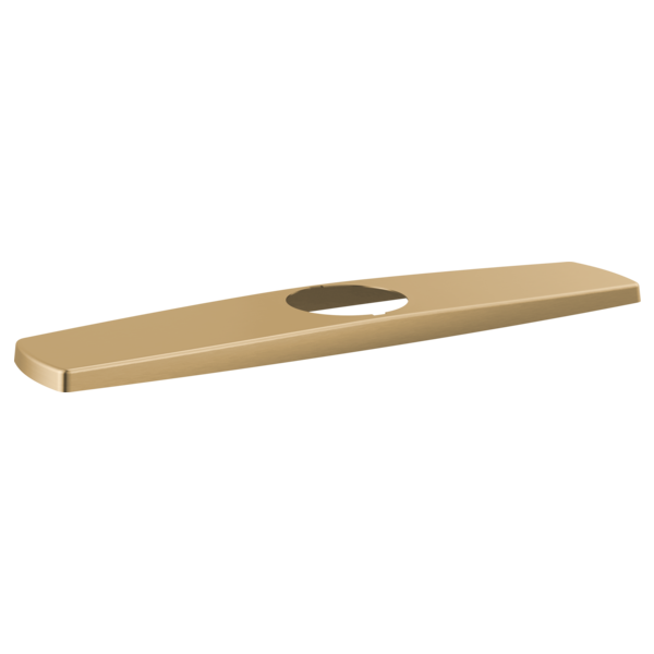 Champagne bronze escutcheon with elongated rectangular shape and single circular opening.