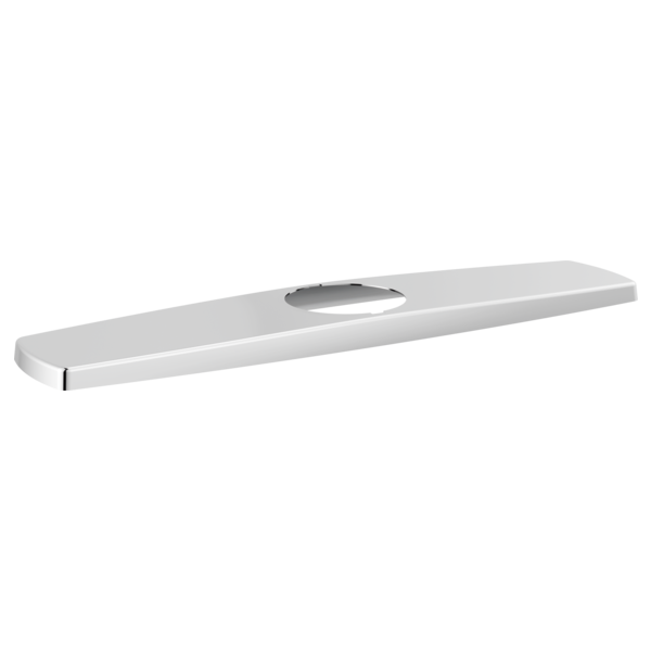 Chrome kitchen escutcheon with elongated rectangular shape and circular center opening.