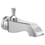 Chrome tub spout with pull-up diverter and cylindrical handle mounted on wall.
