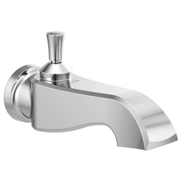 Chrome tub spout with pull-up diverter and cylindrical handle mounted on wall.