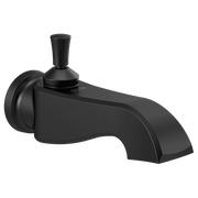 Matte black tub spout with curved body, wall-mounted flange, and pull-up diverter handle on top.