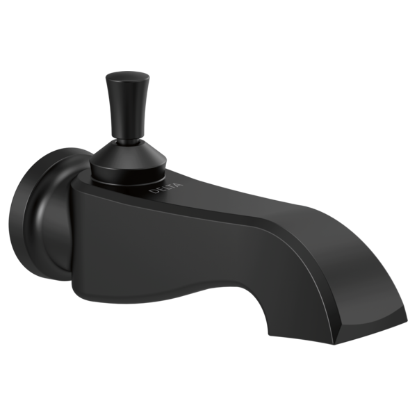 Matte black tub spout with curved body, wall-mounted flange, and pull-up diverter handle on top.