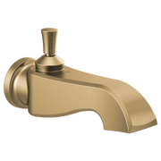 Champagne bronze tub spout with pull-up diverter and cylindrical handle.