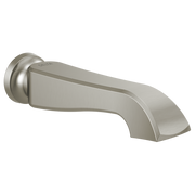 Stainless steel tub spout with curved angled outlet and wall-mounted rotating collar.