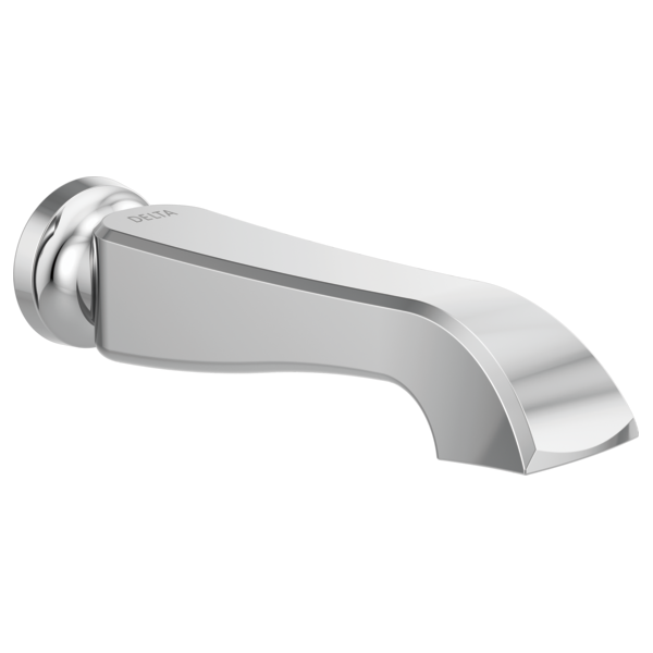 Chrome tub spout with curved rectangular outlet and wall-mounted connection fitting.