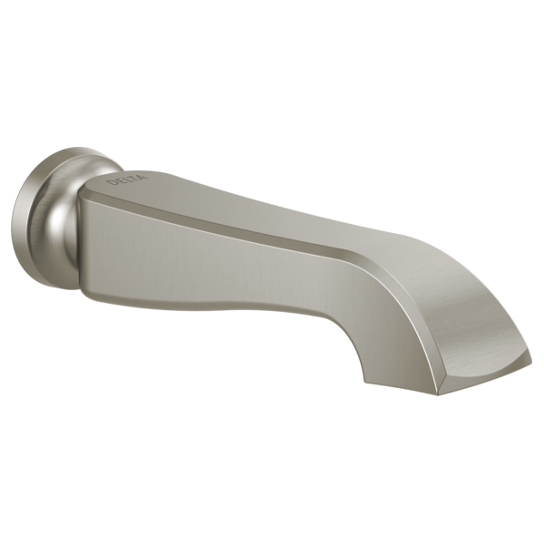 Stainless steel tub spout with curved outlet and wall-mounted circular flange.