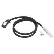 Chrome-finish hose assembly with black braided tubing, showerhead connector, and white coupling with included rubber washers.