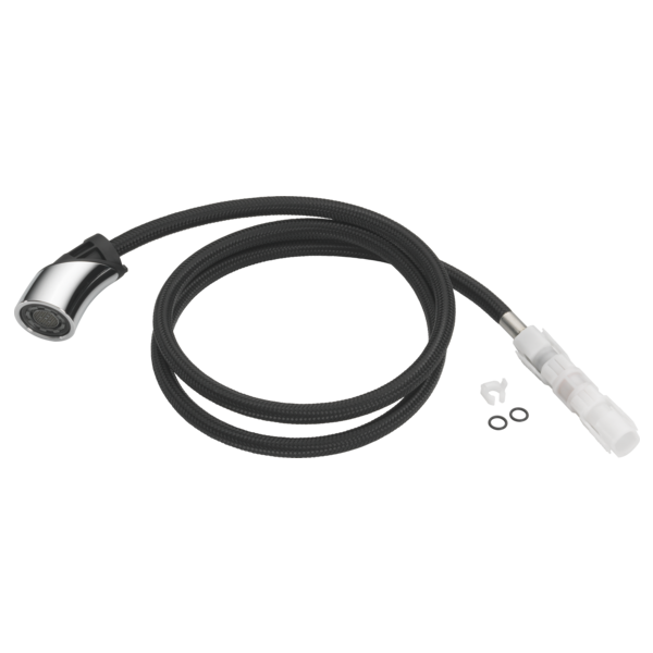 Chrome-finish hose assembly with black braided tubing, showerhead connector, and white coupling with included rubber washers.