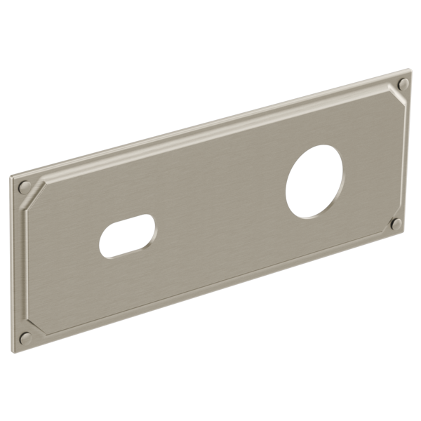 Luxe nickel rectangular escutcheon plate with two openings and corner mounting holes.