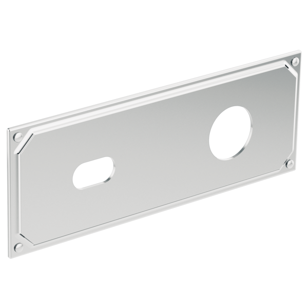 Chrome wallmount escutcheon plate with two cutout holes and mounting screws.