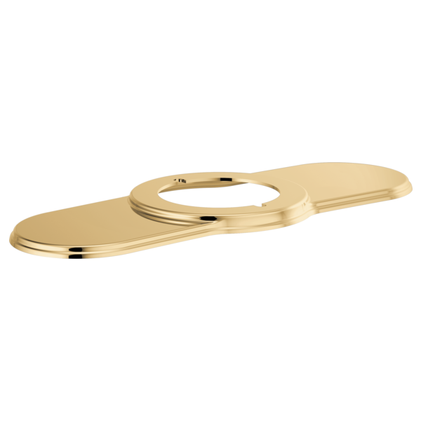 Polished gold escutcheon with oval baseplate and centered circular opening for lavatory faucet installation.