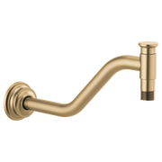 Luxe gold angled shower arm with round flange and threaded connector on right end.