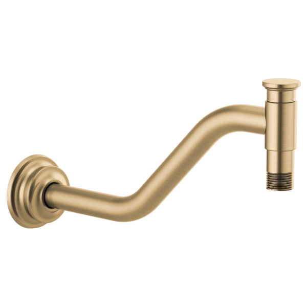 Luxe gold angled shower arm with round flange and threaded connector on right end.