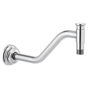 Chrome angled shower arm with circular wall flange and threaded connection port on right end.