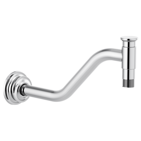 Chrome angled shower arm with circular wall flange and threaded connection port on right end.