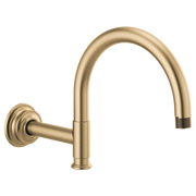 Luxe gold curved shower arm with circular flange mount and threaded end connector.
