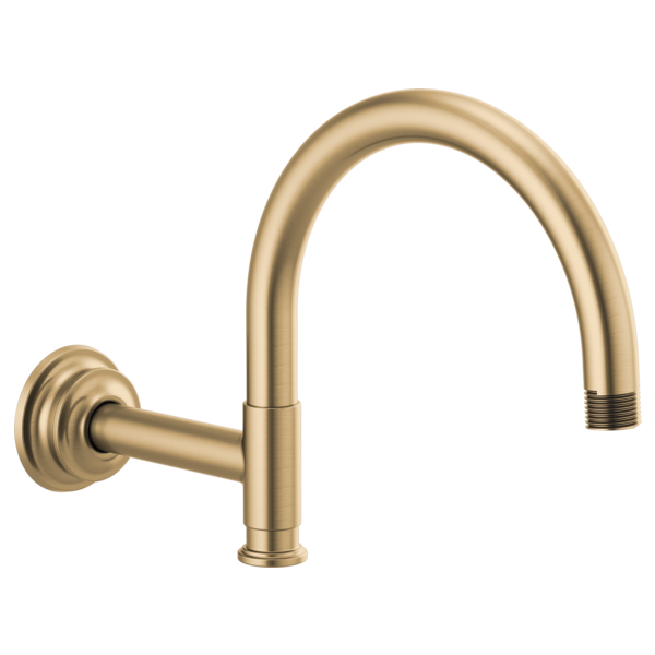 Luxe gold curved shower arm with circular flange mount and threaded end connector.