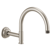 Luxe nickel shower arm with curved spout and wall-mounted circular flange.