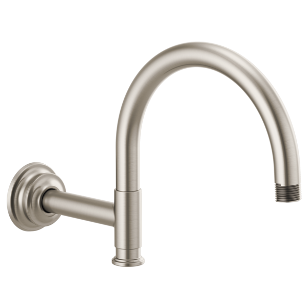 Luxe nickel shower arm with curved spout and wall-mounted circular flange.