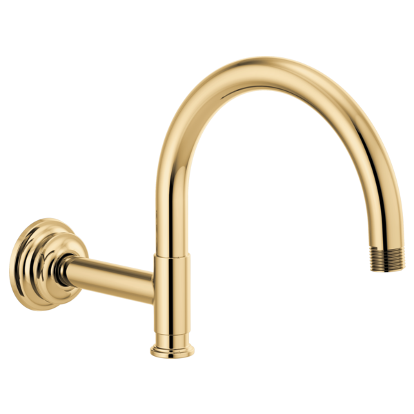 Polished gold curved shower arm with wall-mounted flange and threaded outlet.