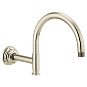 Polished nickel arc-shaped shower arm with round wall flange and threaded connection point.