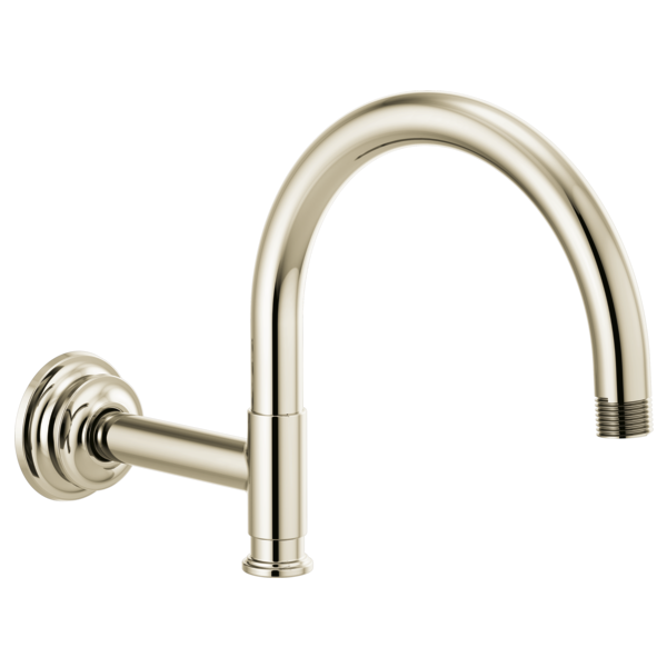 Polished nickel arc-shaped shower arm with round wall flange and threaded connection point.