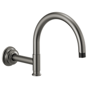 Luxe steel curved shower arm with round wall flange and threaded outlet.