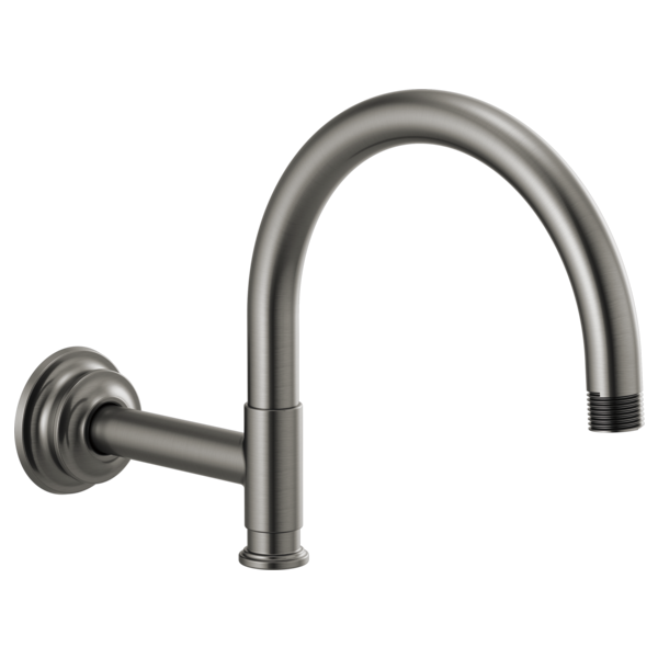 Luxe steel curved shower arm with round wall flange and threaded outlet.