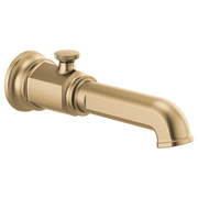 Luxe gold tub spout with diverter valve and cylindrical body with grooved grip knob.