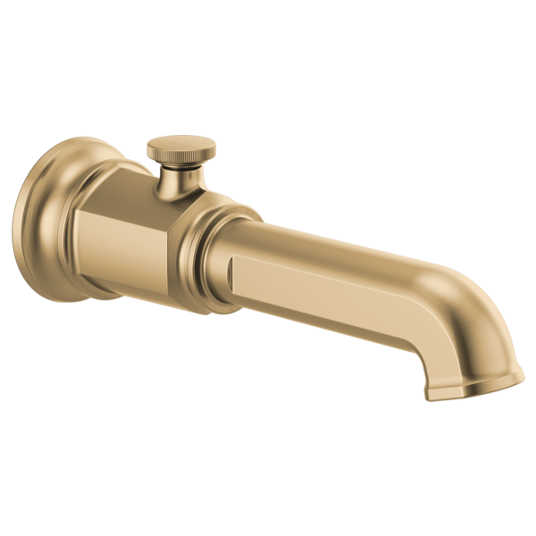 Luxe gold tub spout with diverter valve and cylindrical body with grooved grip knob.