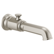 Brushed nickel tub spout with diverter knob and curved outlet, wall-mounted.