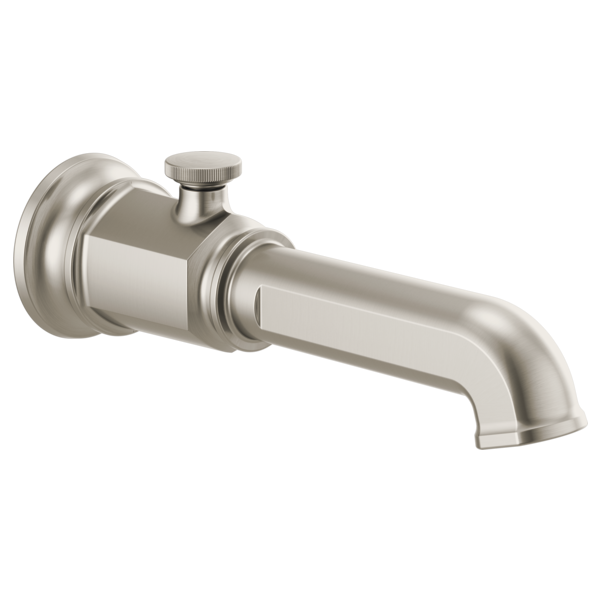 Brushed nickel tub spout with diverter knob and curved outlet, wall-mounted.