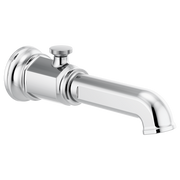 Chrome tub spout with diverter button and curved outlet for water direction control.