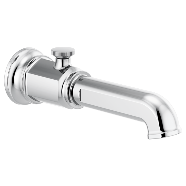 Chrome tub spout with diverter button and curved outlet for water direction control.