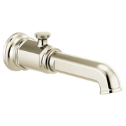 Polished nickel diverter tub spout with cylindrical body, decorative flange, and curved outlet.