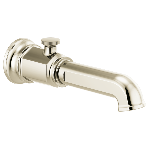 Polished nickel diverter tub spout with cylindrical body, decorative flange, and curved outlet.