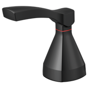 Matte black bathroom faucet handle with curved lever and conical base featuring a red accent band.