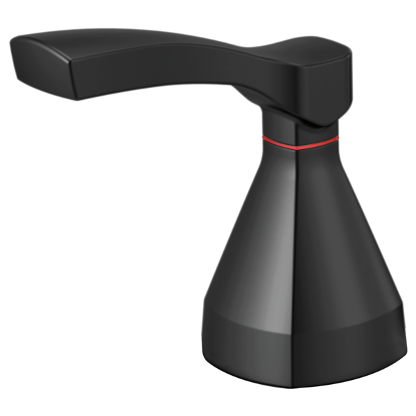 Matte black bathroom faucet handle with curved lever and conical base featuring a red accent band.