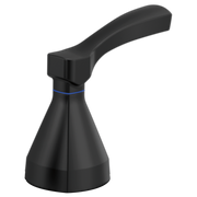 Matte black bath faucet handle with curved lever and conical base, featuring a blue accent band.