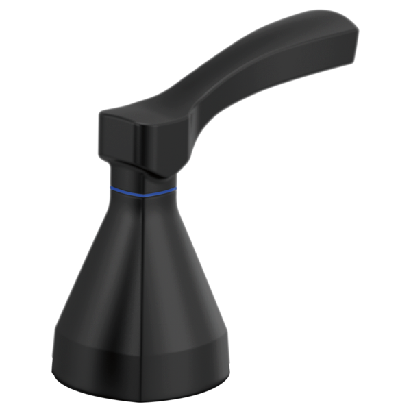 Matte black bath faucet handle with curved lever and conical base, featuring a blue accent band.