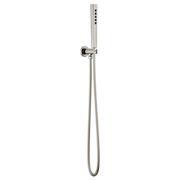 Luxe nickel handshower with wall mount bracket and flexible hose connector.